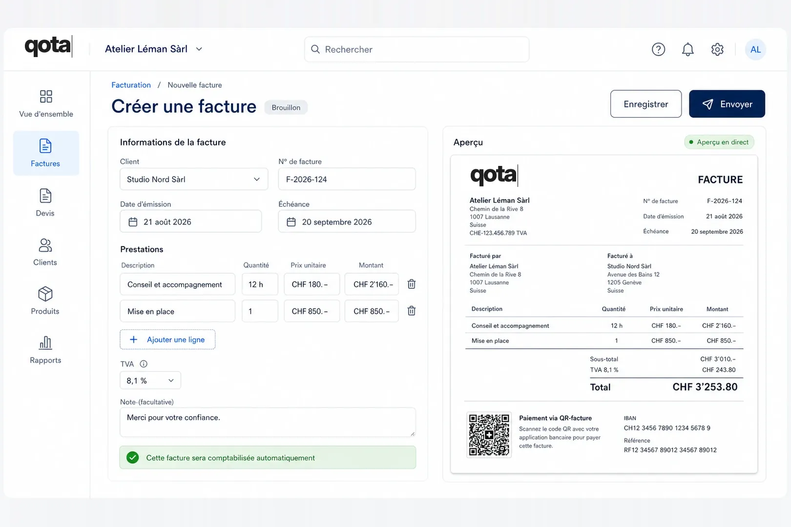 L'écran de facturation de Qota : créer une facture, l'aperçu avec QR-facture, et la comptabilisation automatique